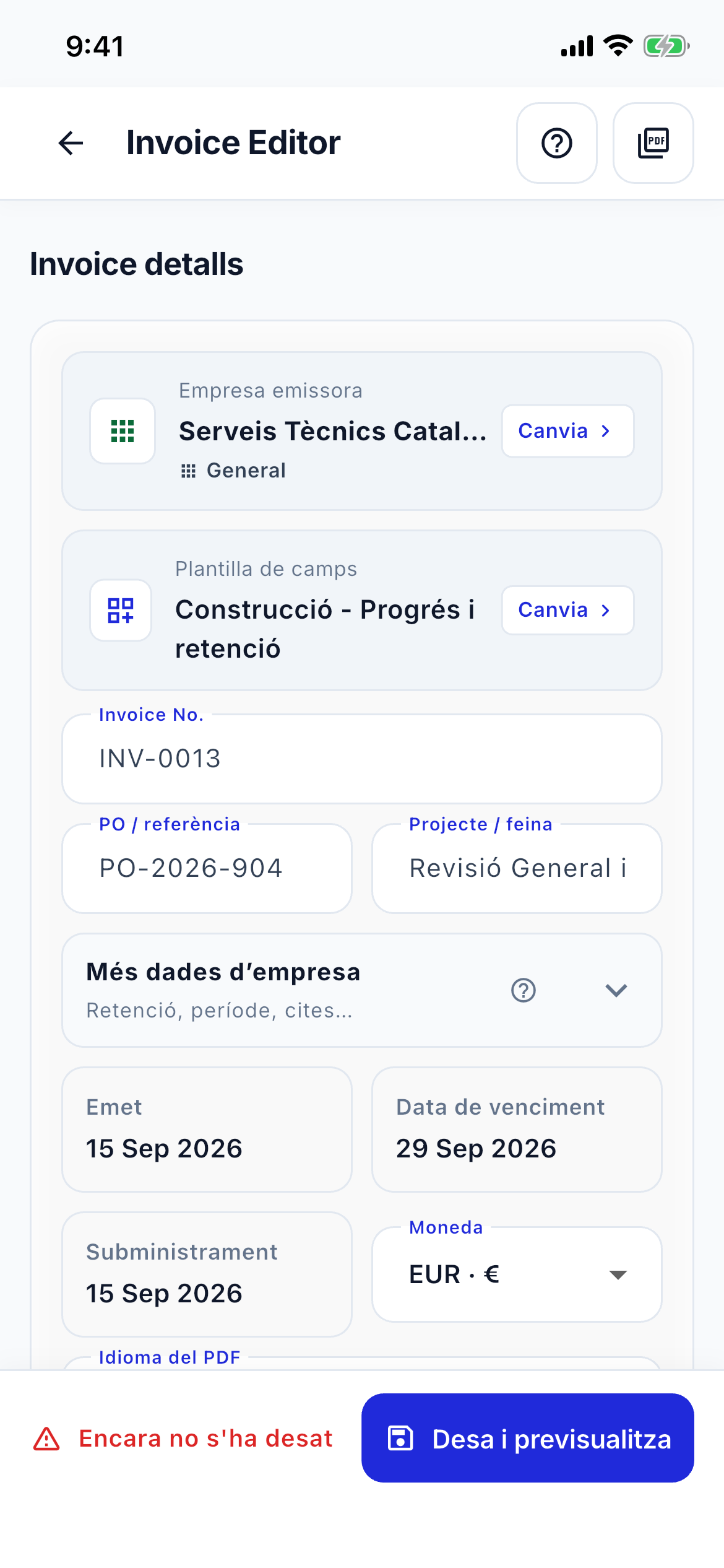 Invoice editor speed screenshot