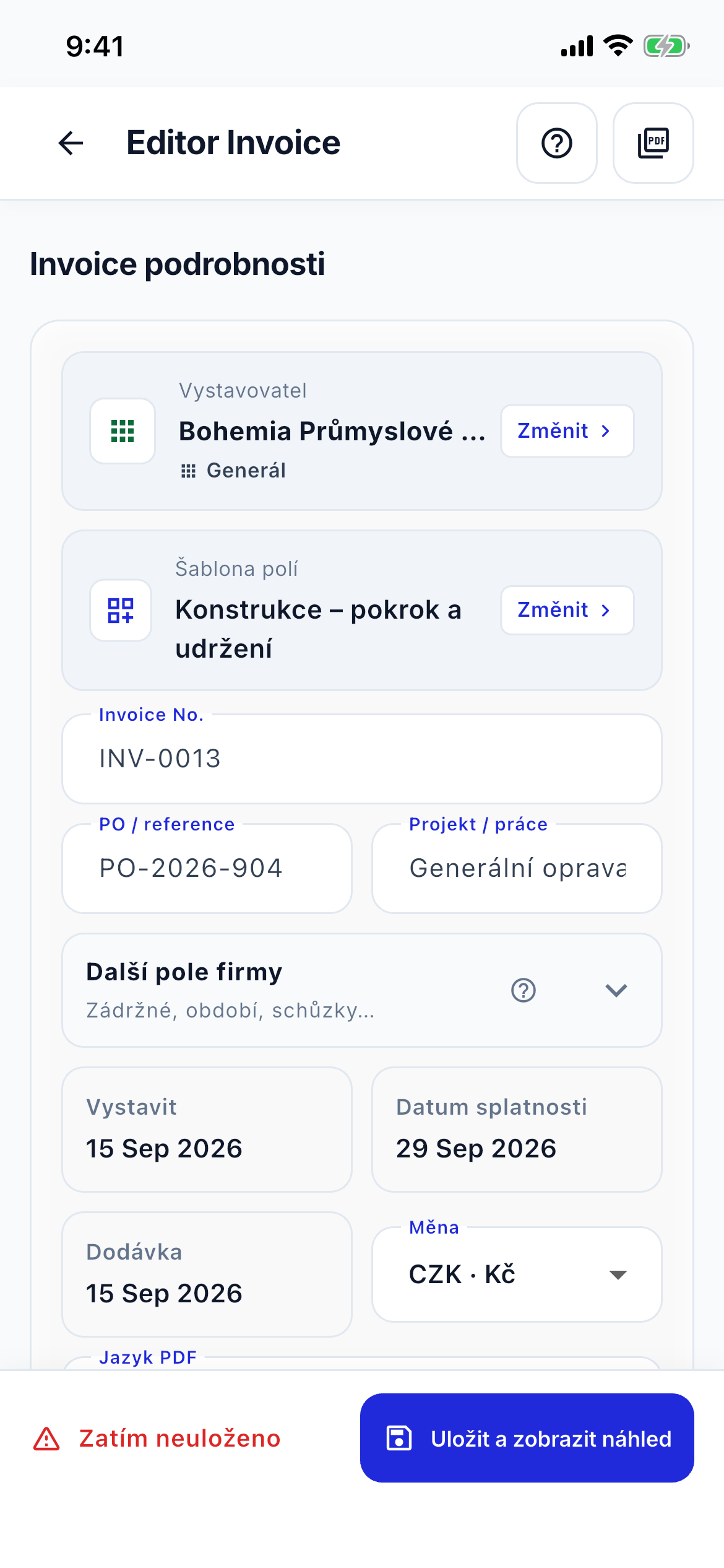 Invoice editor speed screenshot