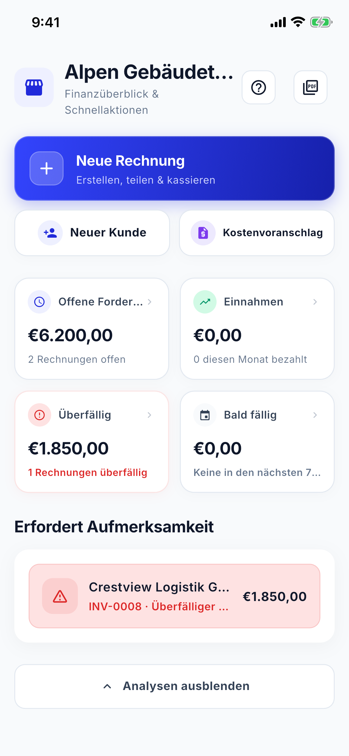 Cash flow and aging dashboard screenshot