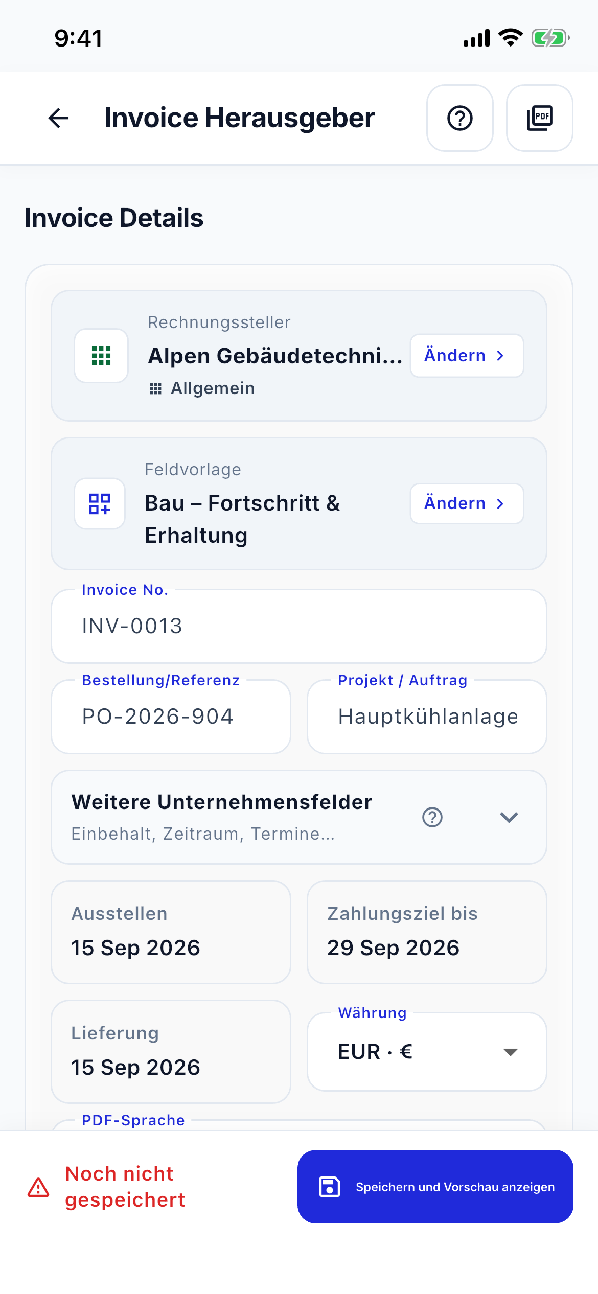 Invoice editor speed screenshot