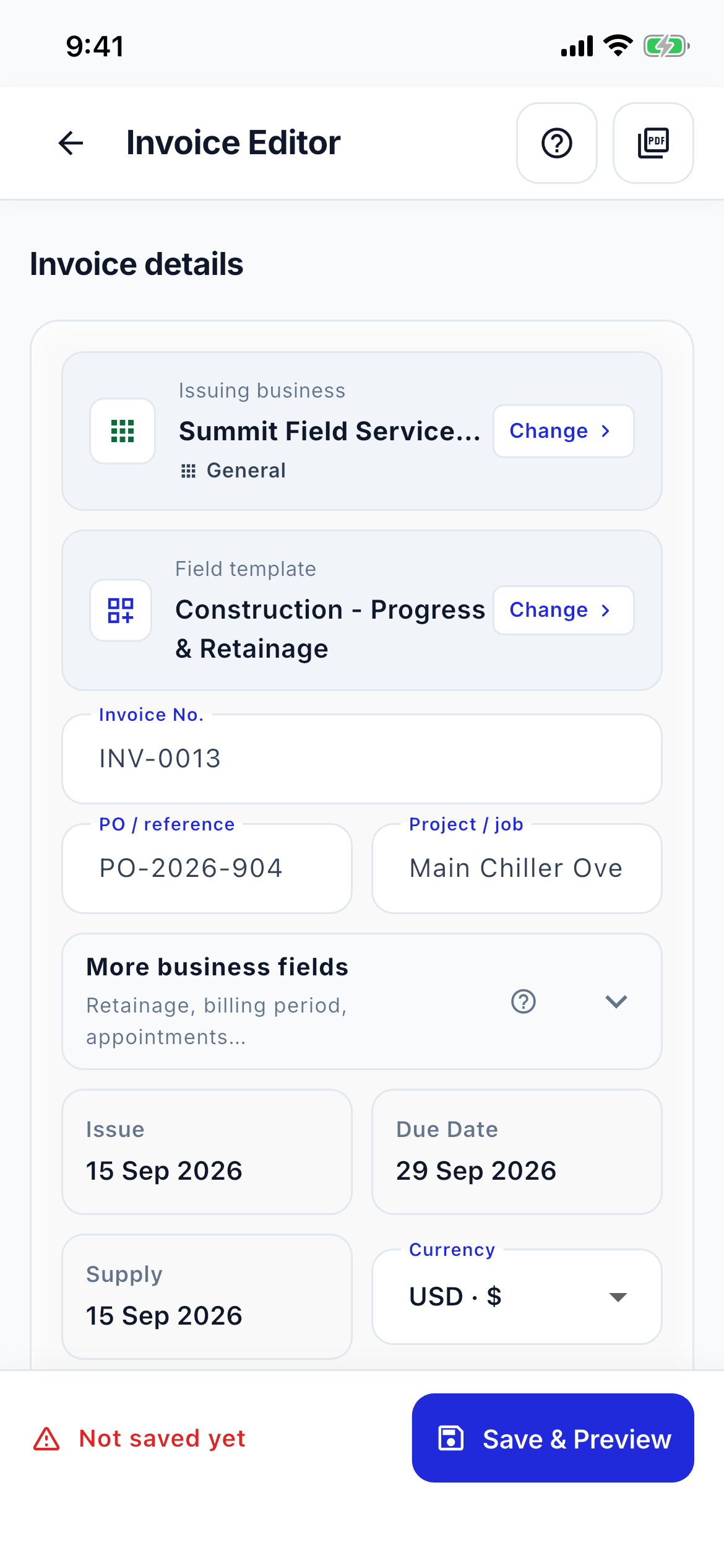 Invoice editor speed screenshot