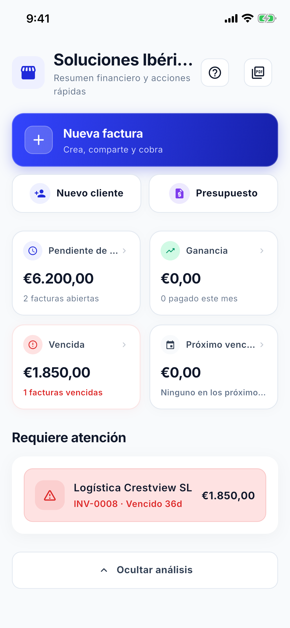Cash flow and aging dashboard screenshot