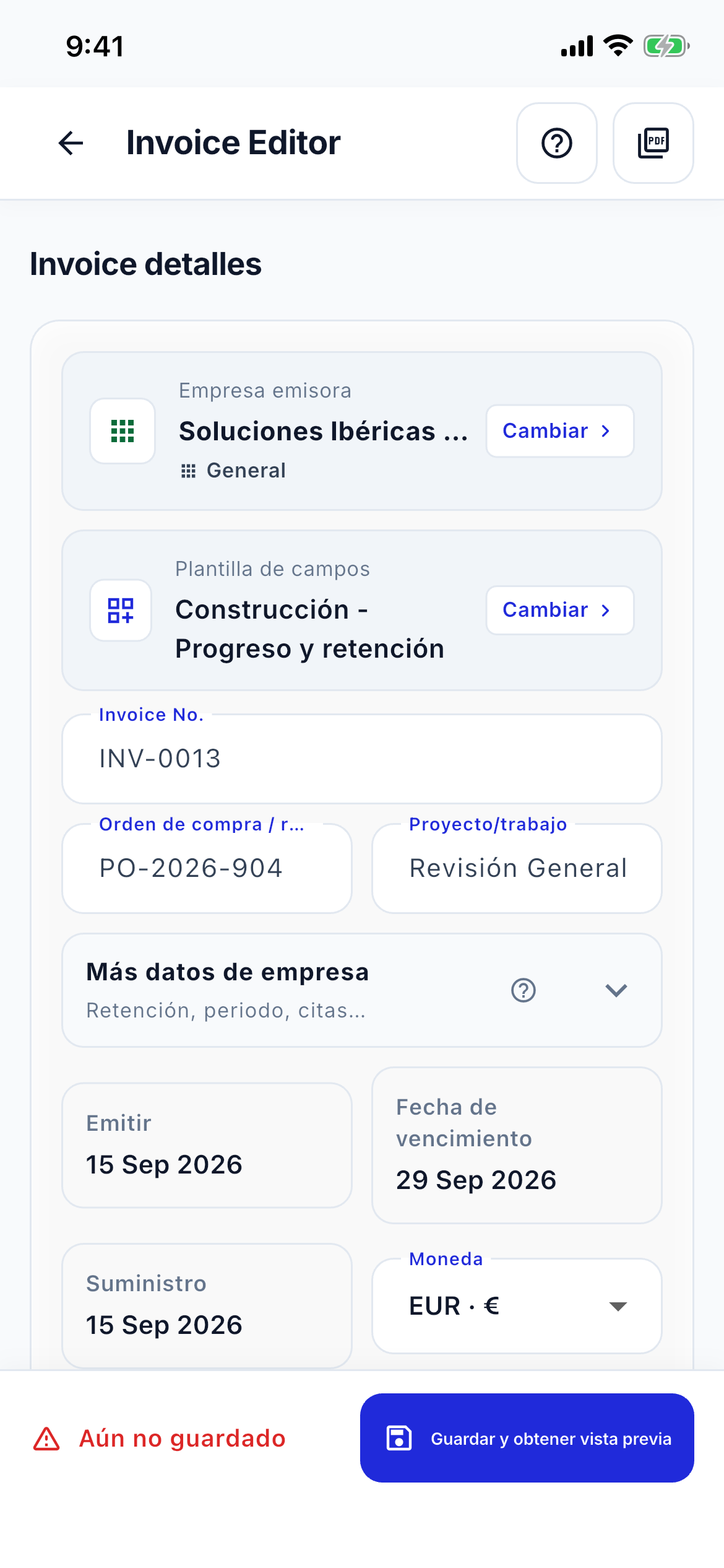 Invoice editor speed screenshot