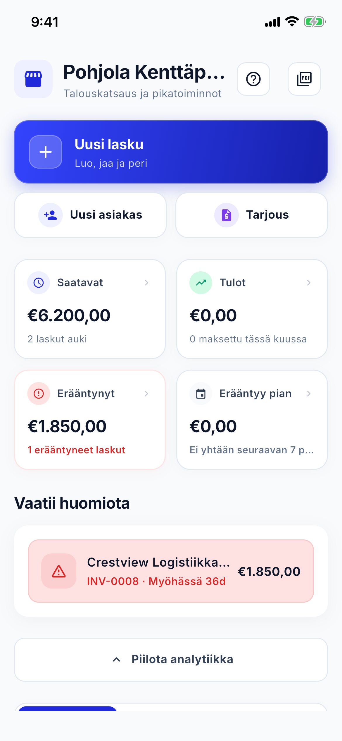Cash flow and aging dashboard screenshot