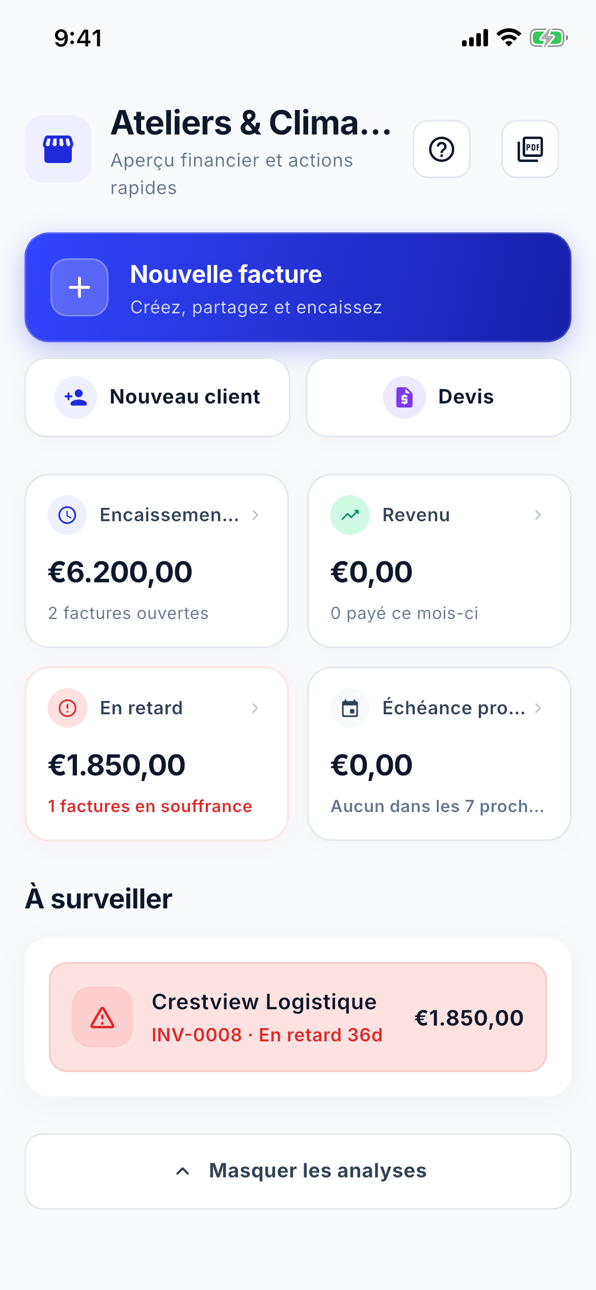 Cash flow and aging dashboard screenshot