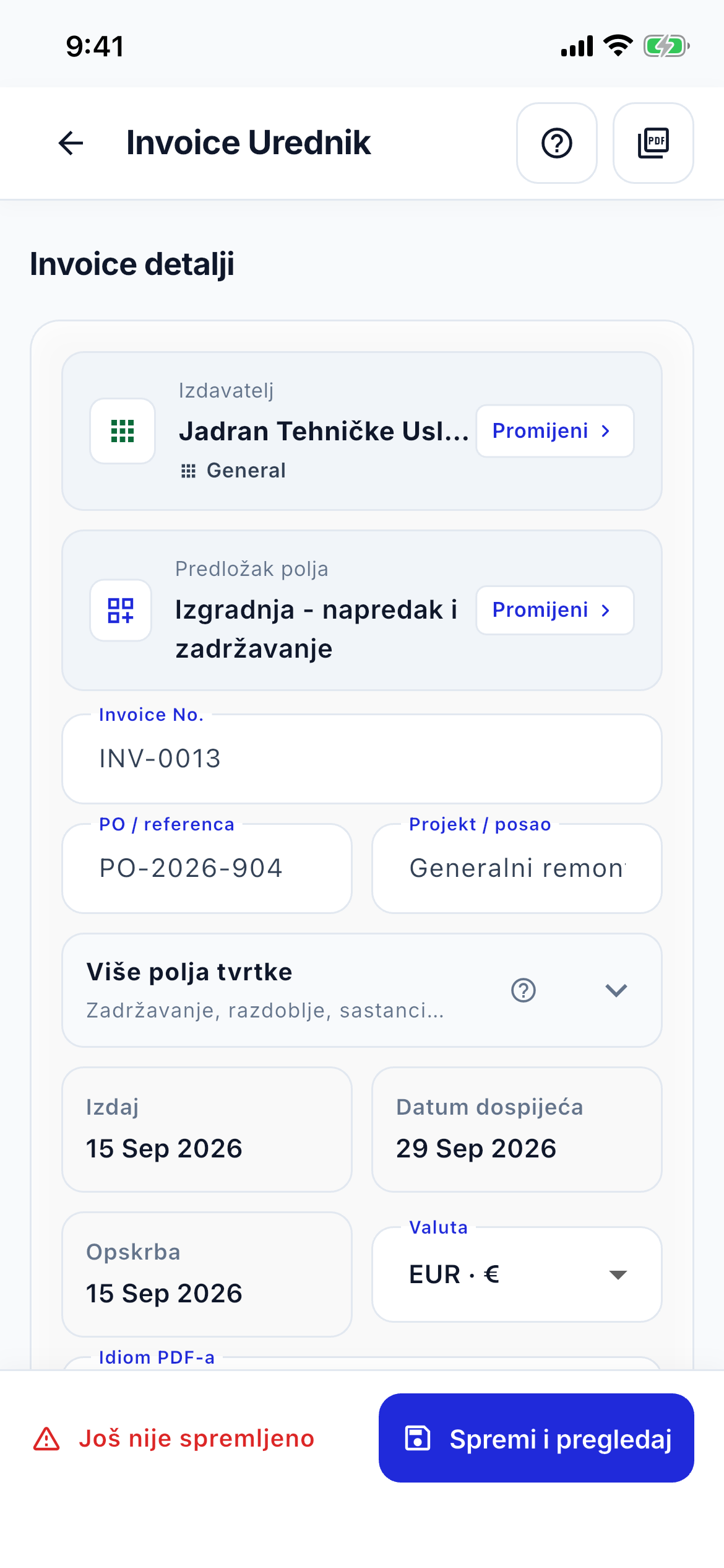Invoice editor speed screenshot