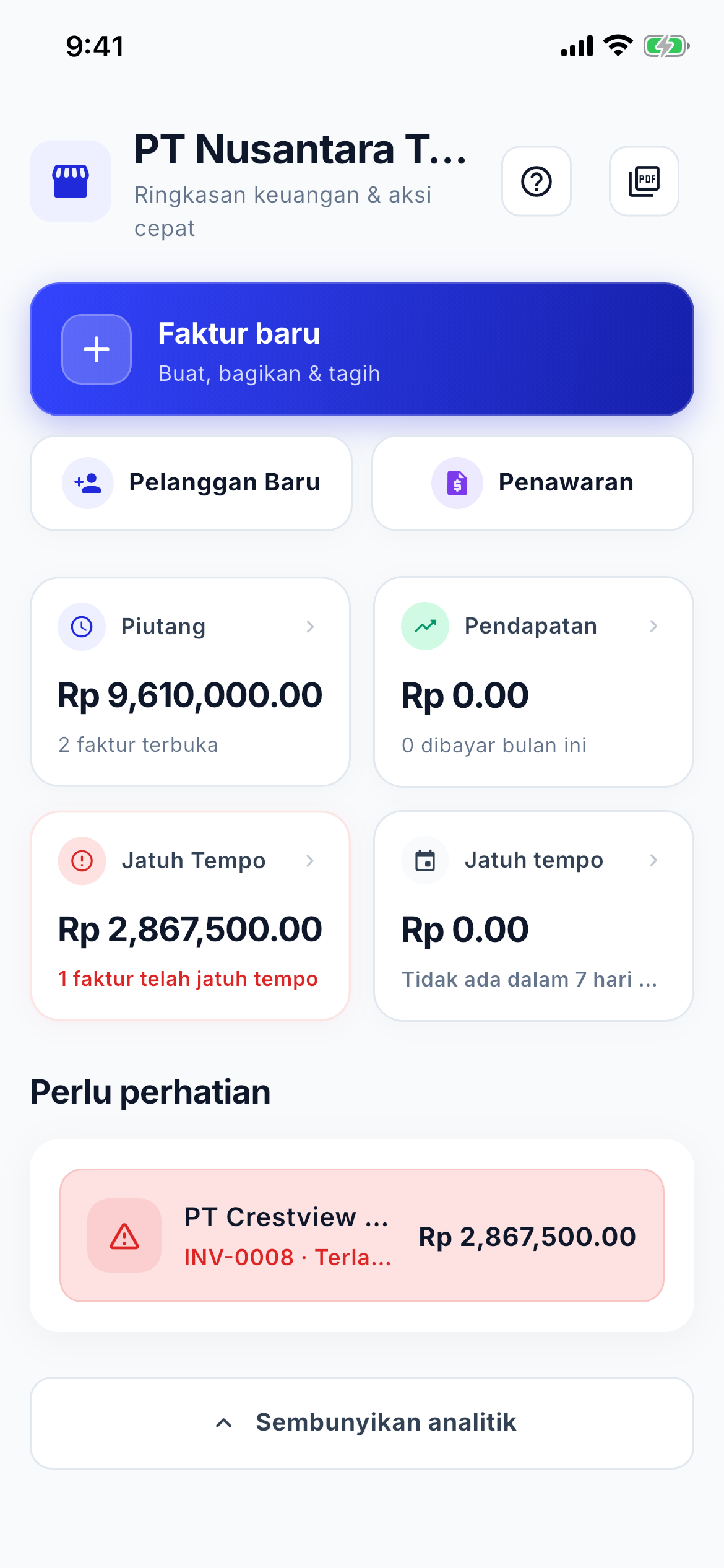 Cash flow and aging dashboard screenshot