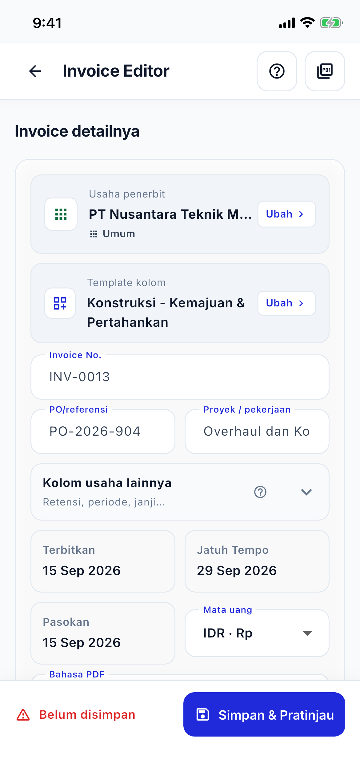 Invoice editor speed screenshot