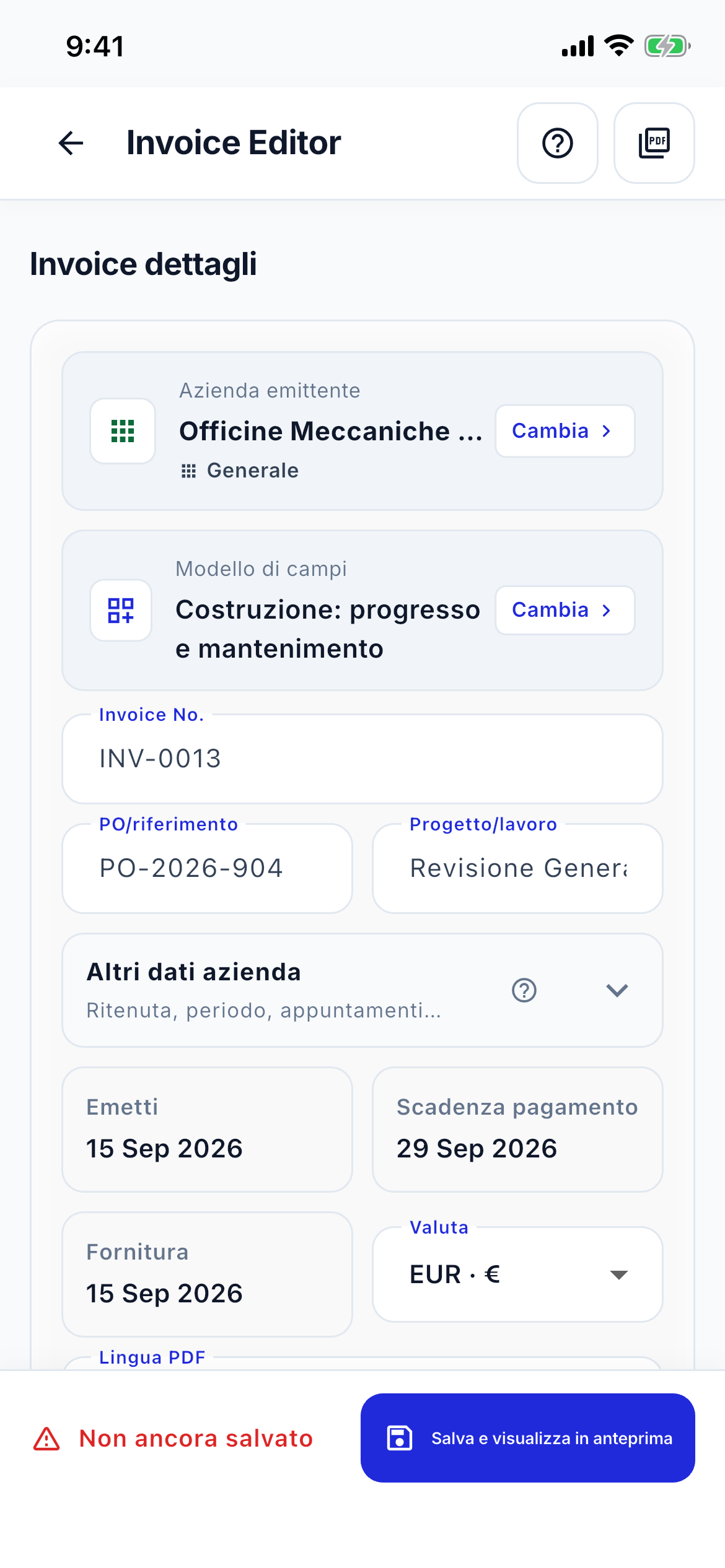 Invoice editor speed screenshot