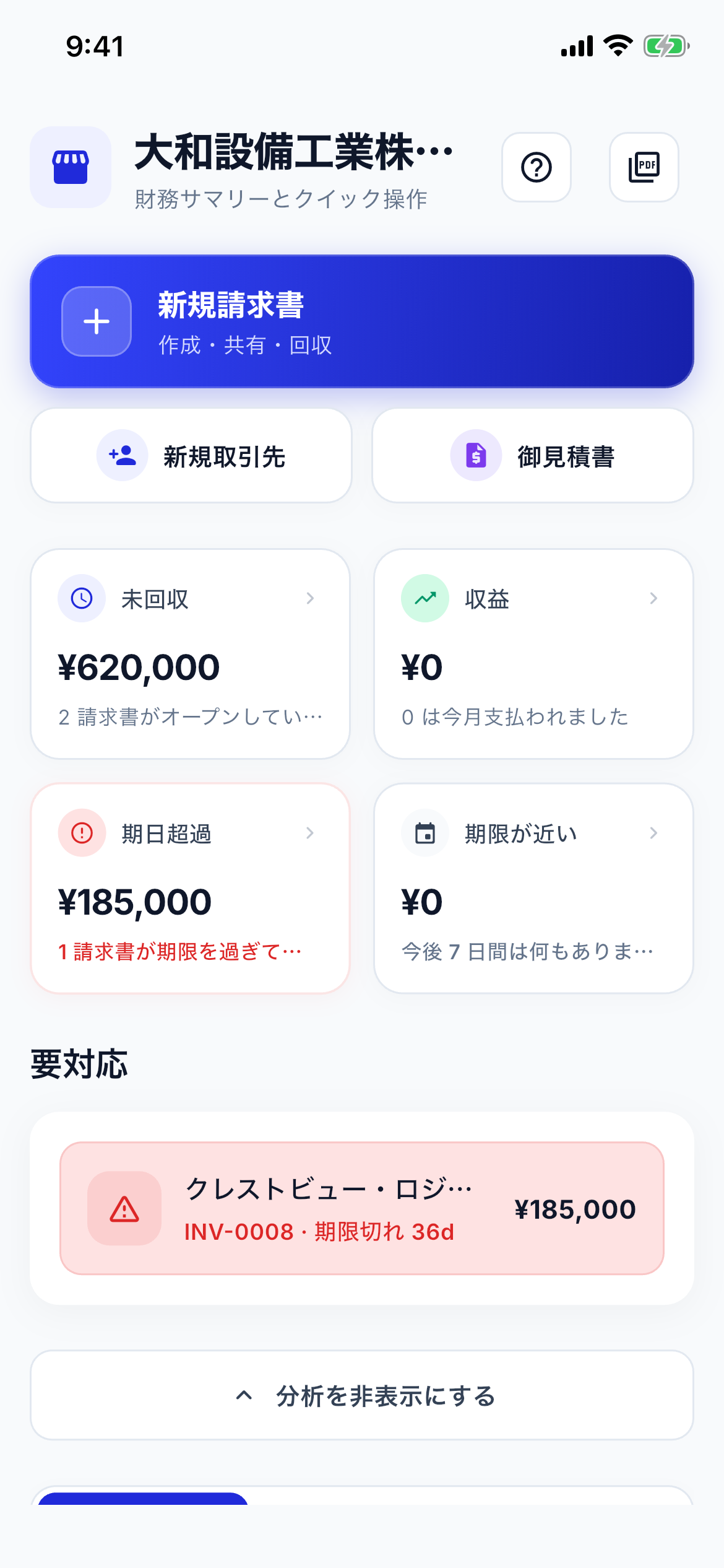 Cash flow and aging dashboard screenshot