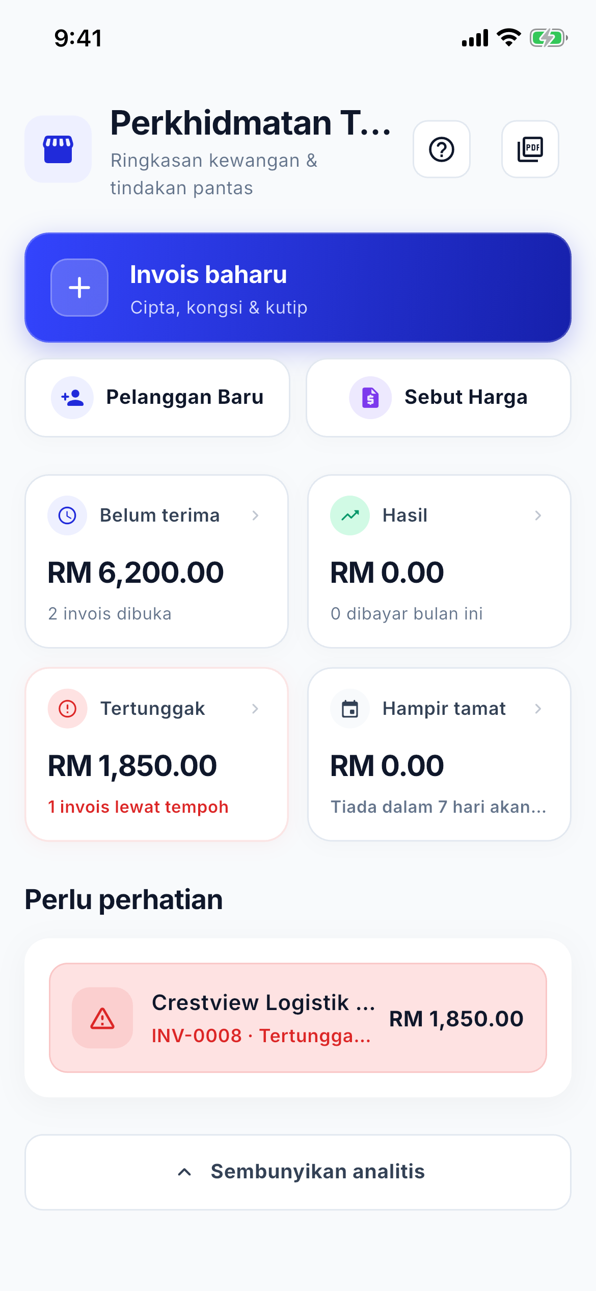 Cash flow and aging dashboard screenshot