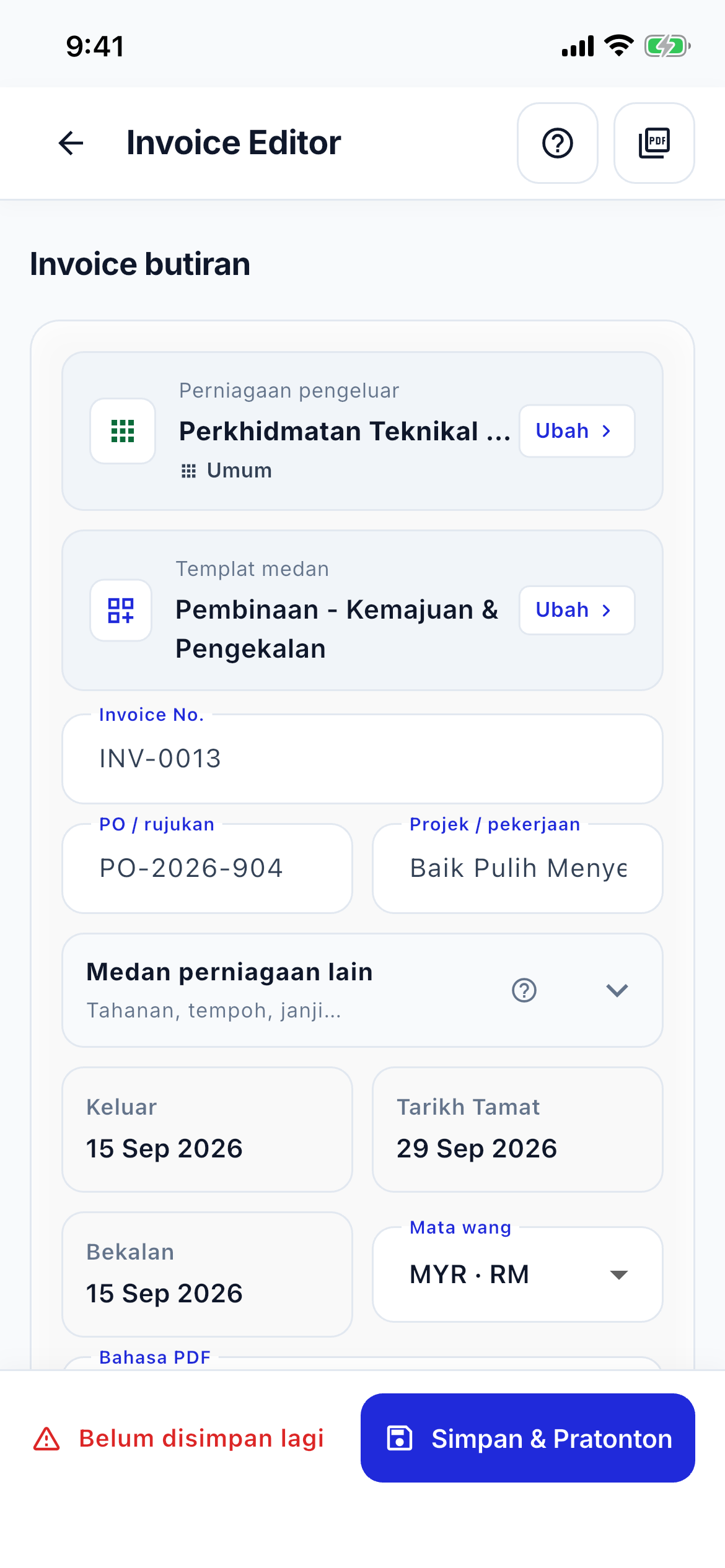 Invoice editor speed screenshot