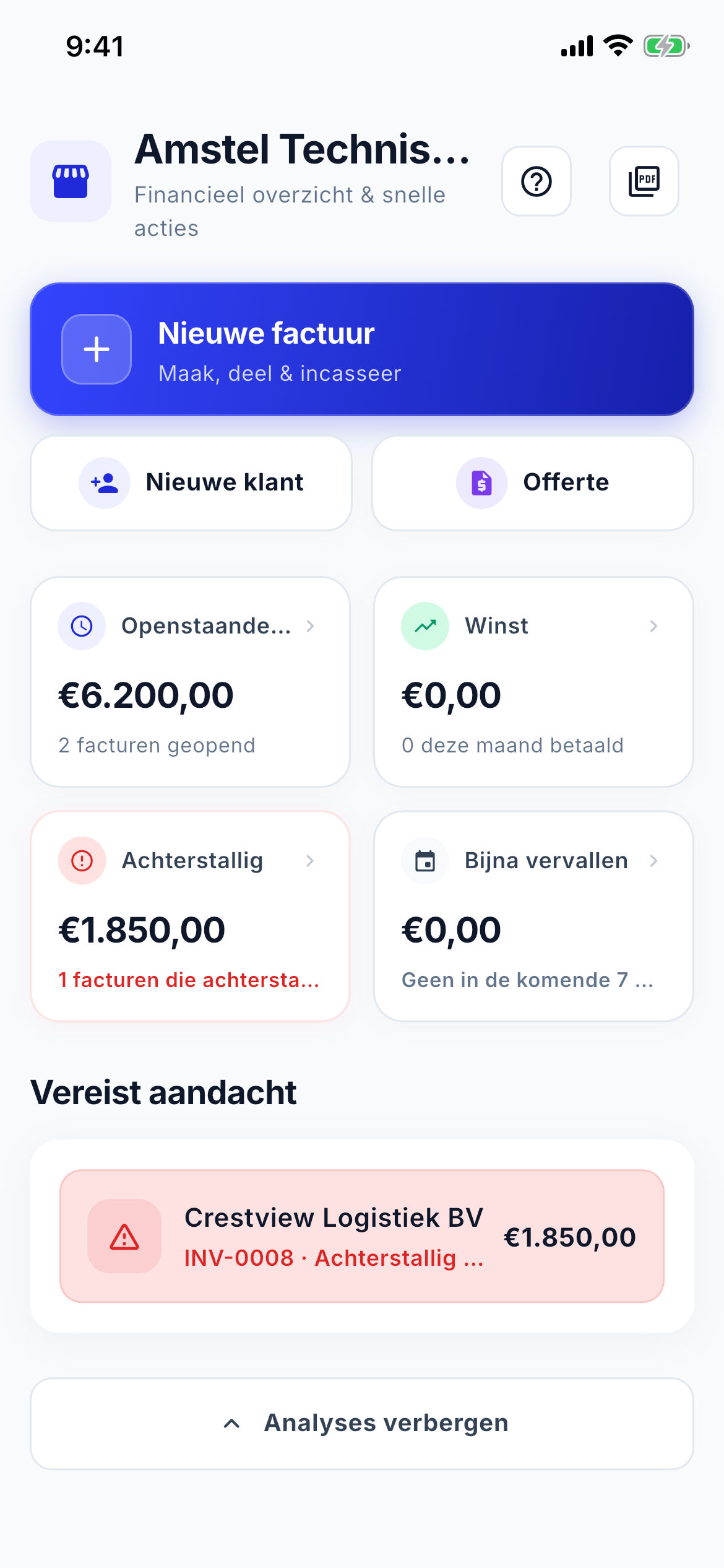 Cash flow and aging dashboard screenshot