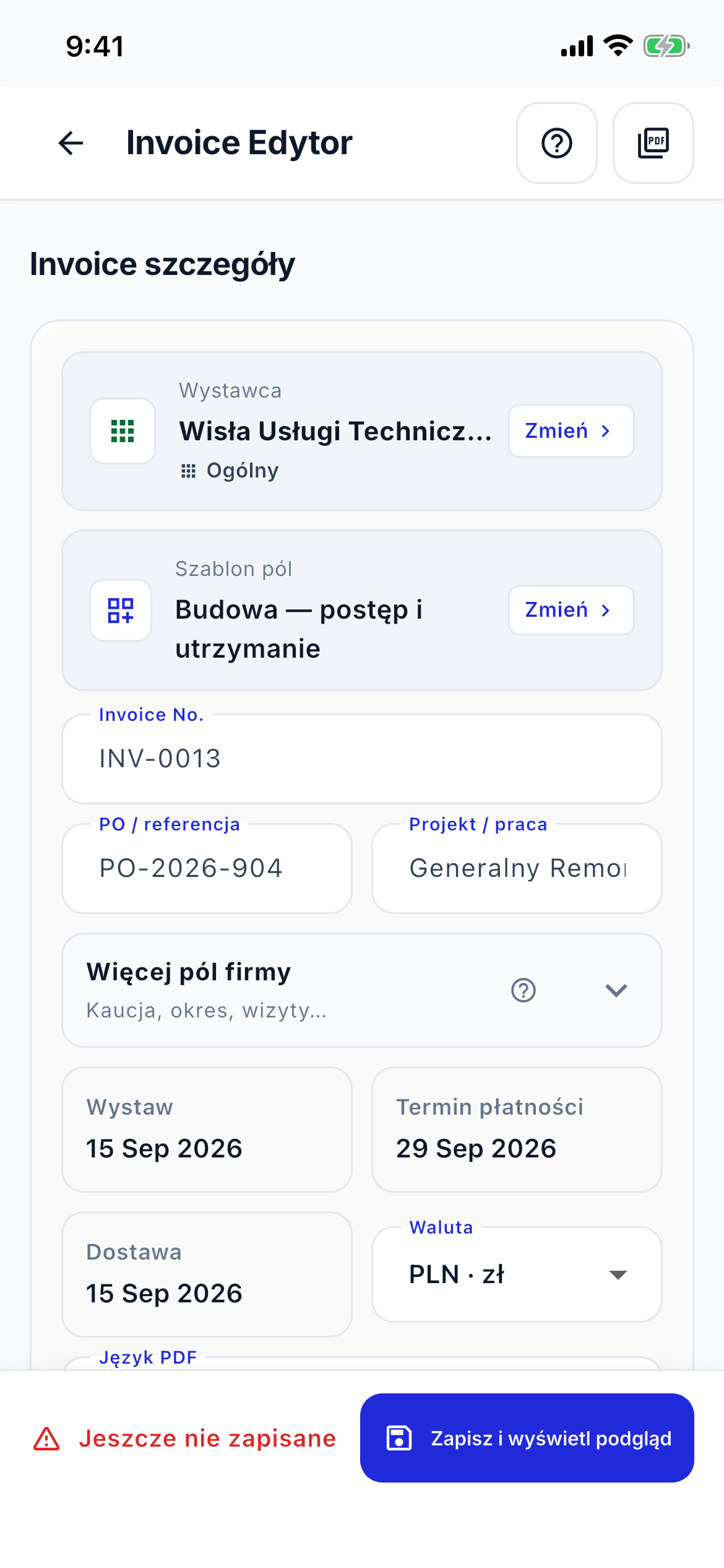 Invoice editor speed screenshot