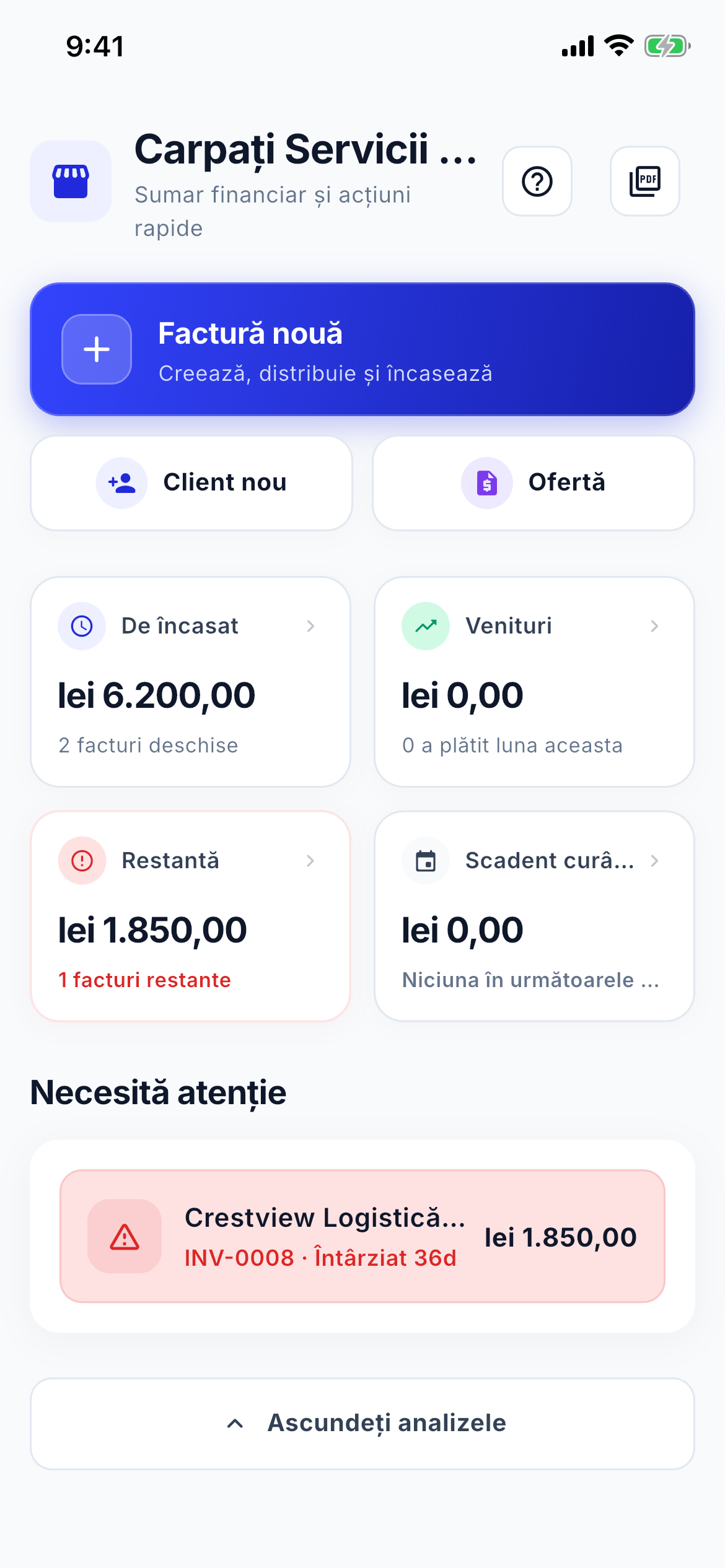 Cash flow and aging dashboard screenshot