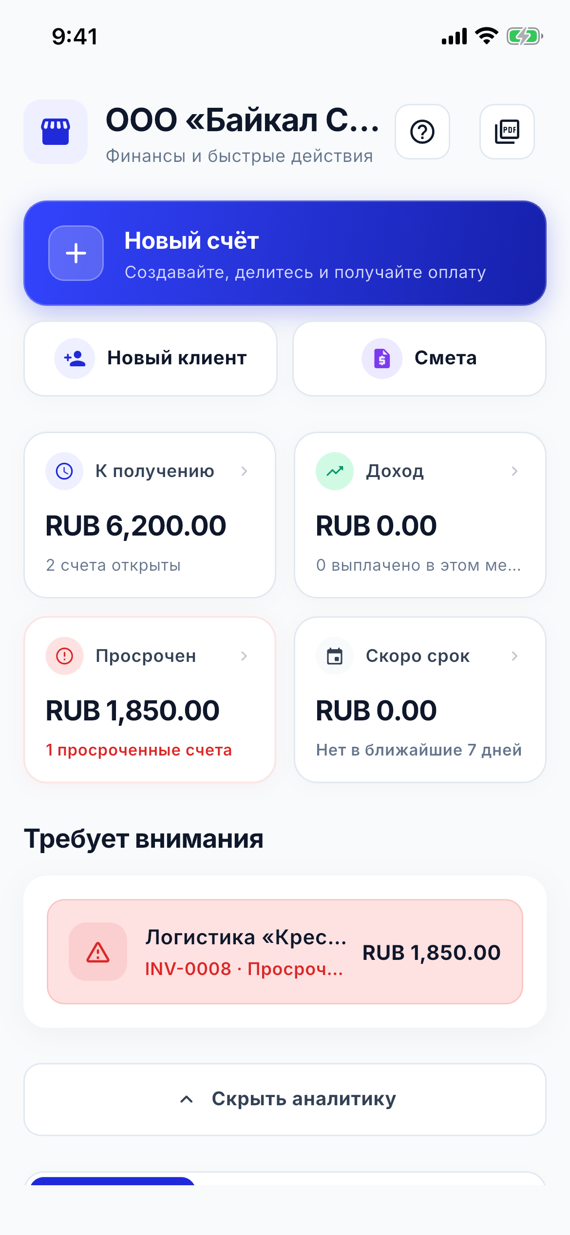 Cash flow and aging dashboard screenshot