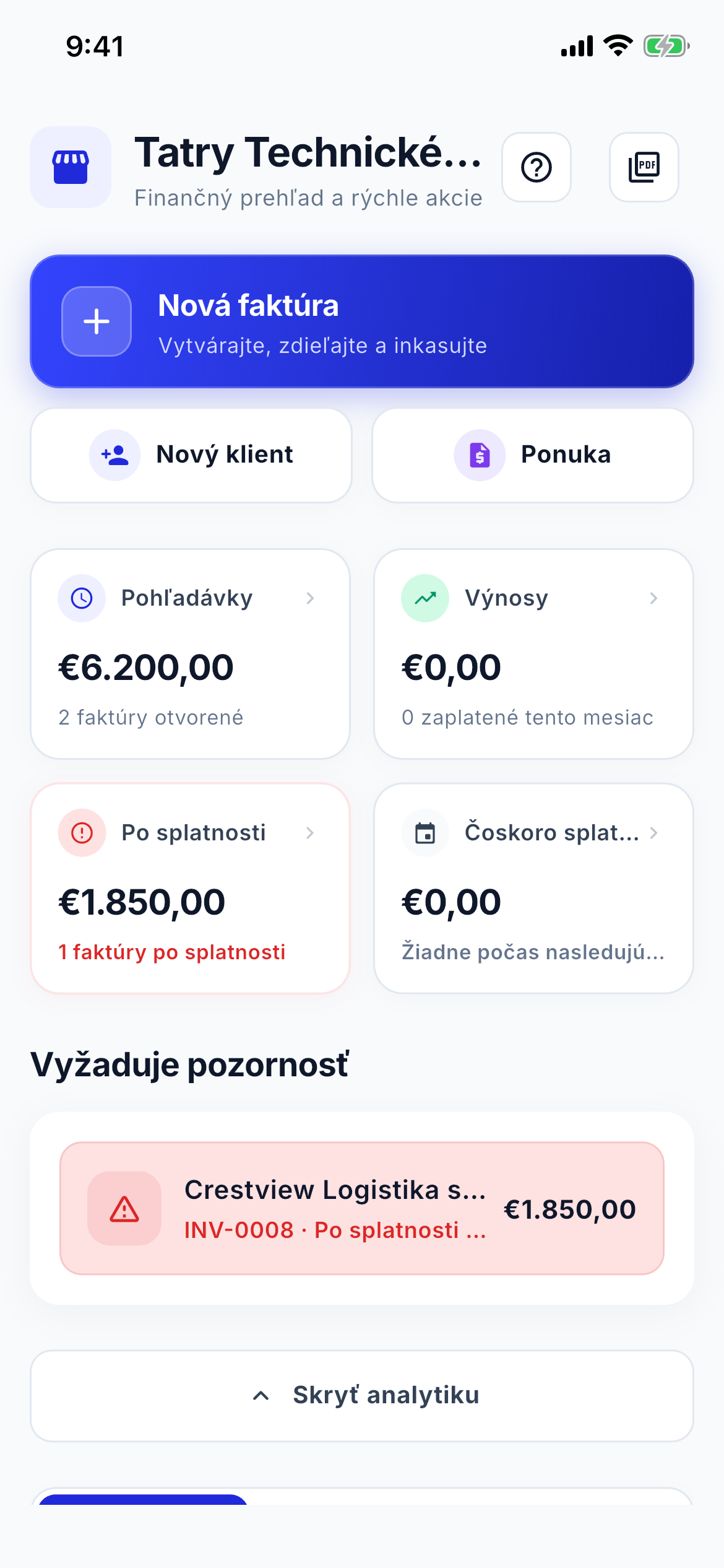 Cash flow and aging dashboard screenshot