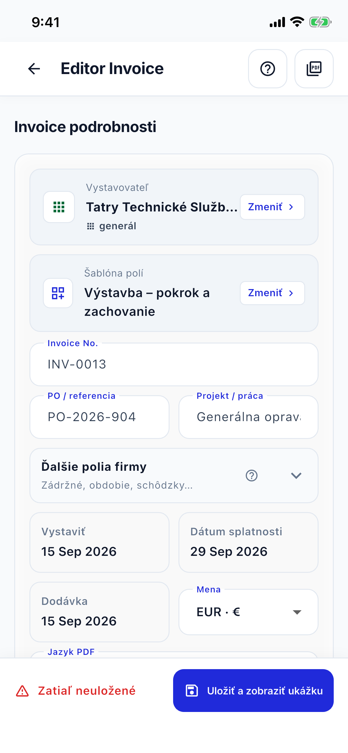 Invoice editor speed screenshot