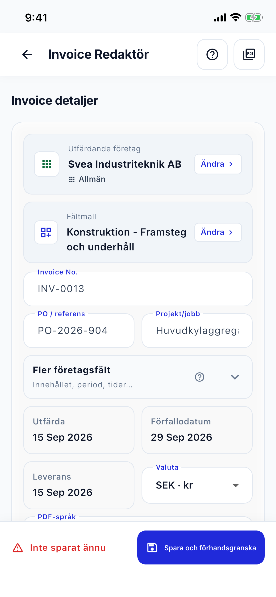 Invoice editor speed screenshot