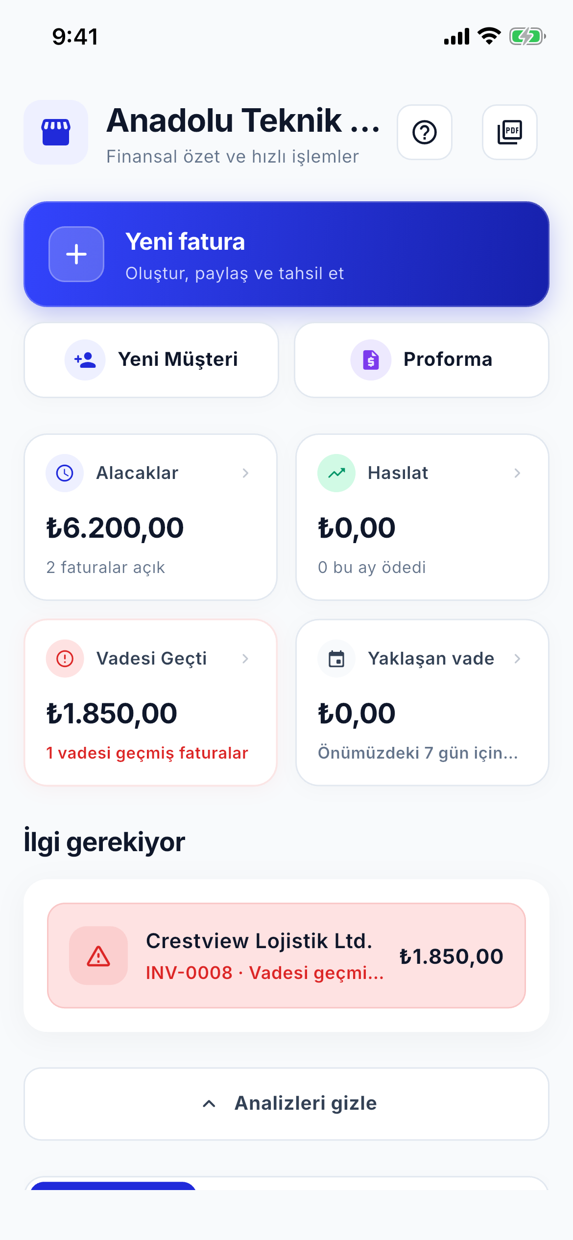 Cash flow and aging dashboard screenshot