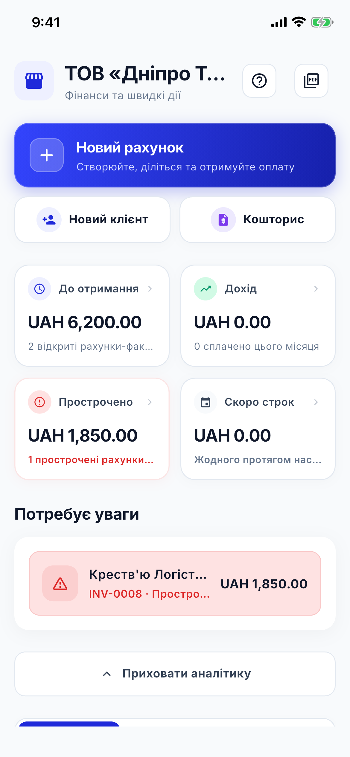 Cash flow and aging dashboard screenshot