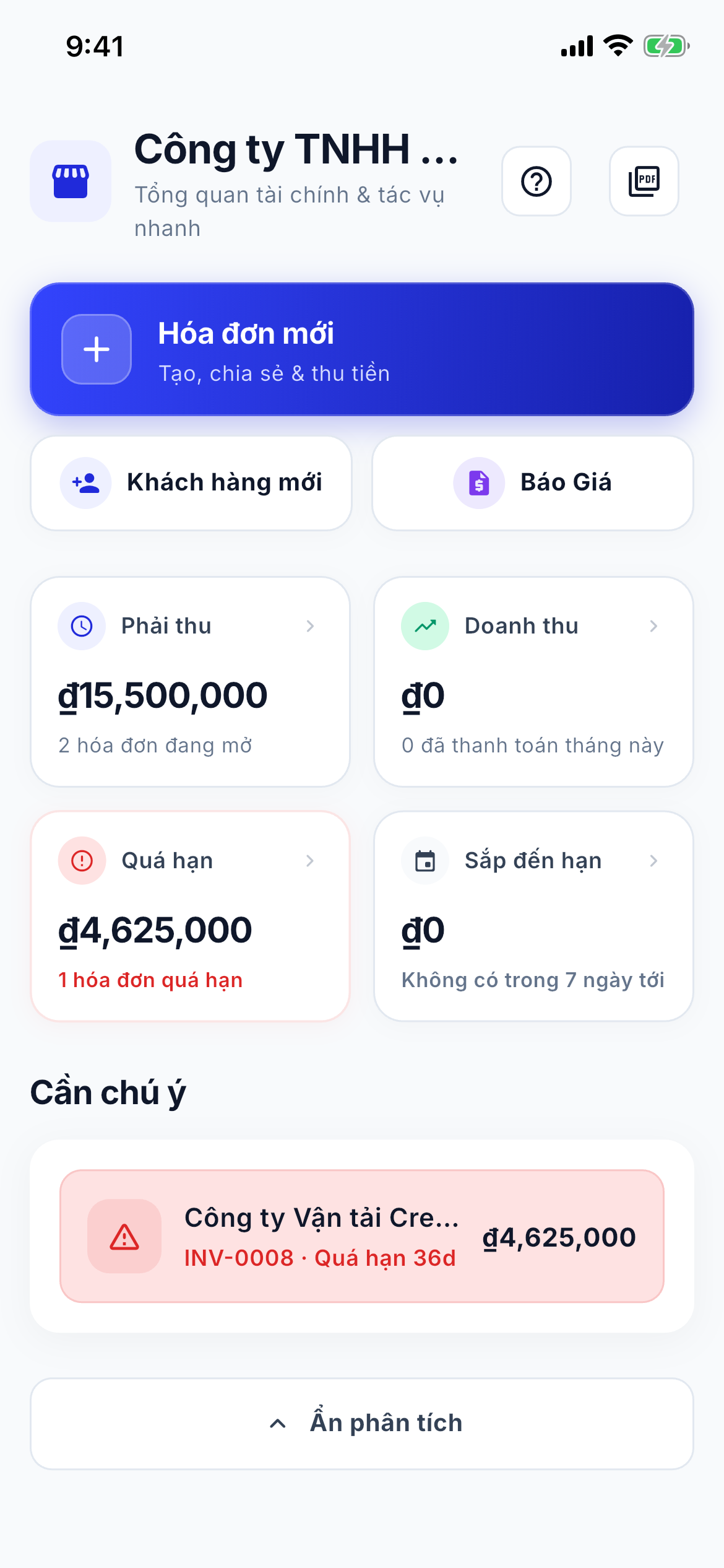 Cash flow and aging dashboard screenshot