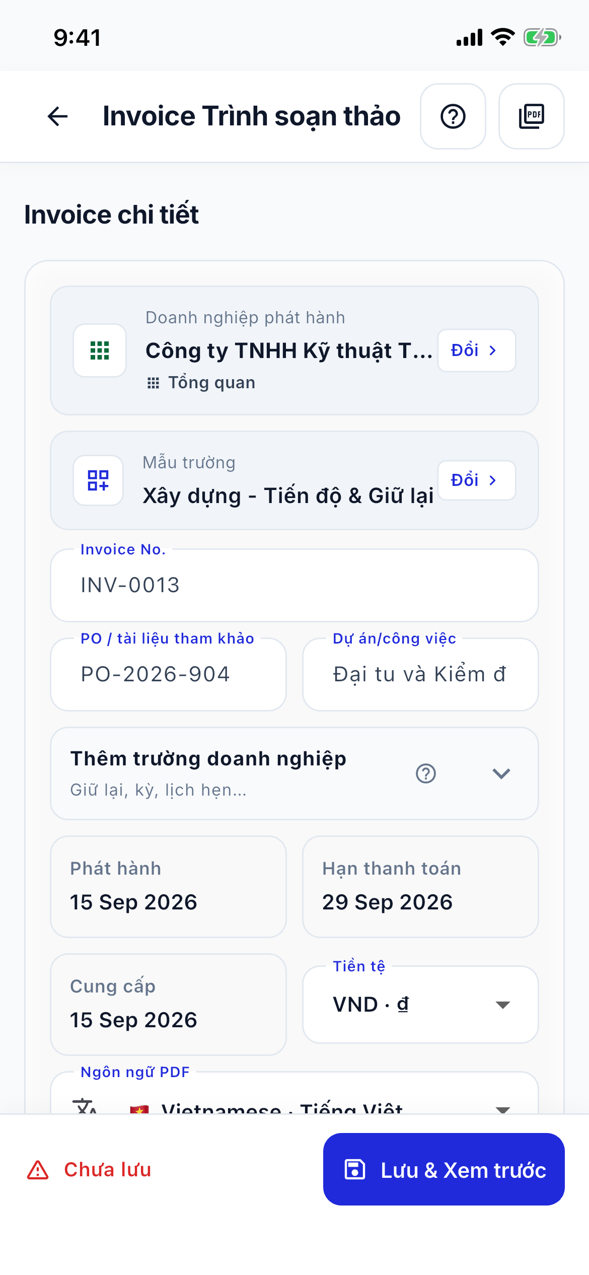 Invoice editor speed screenshot