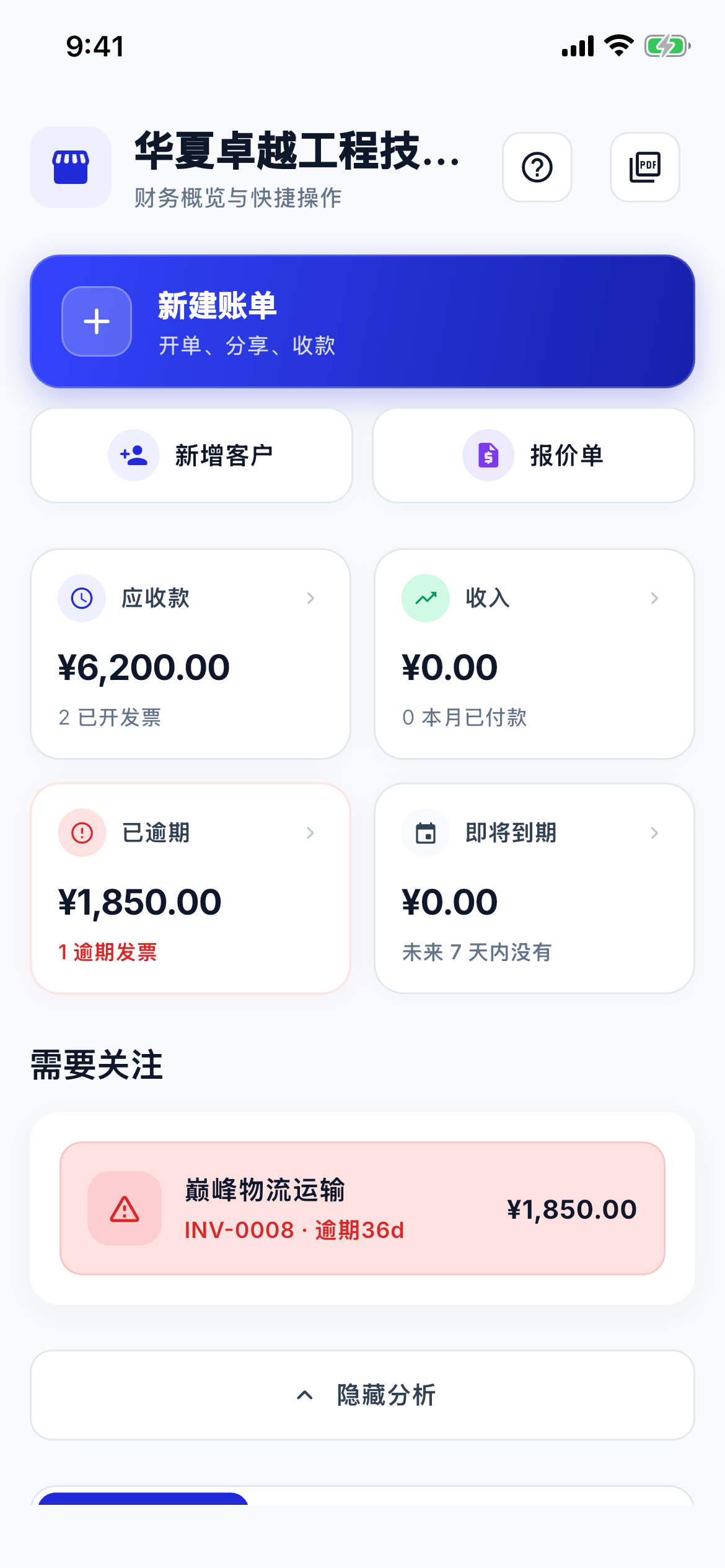 Cash flow and aging dashboard screenshot